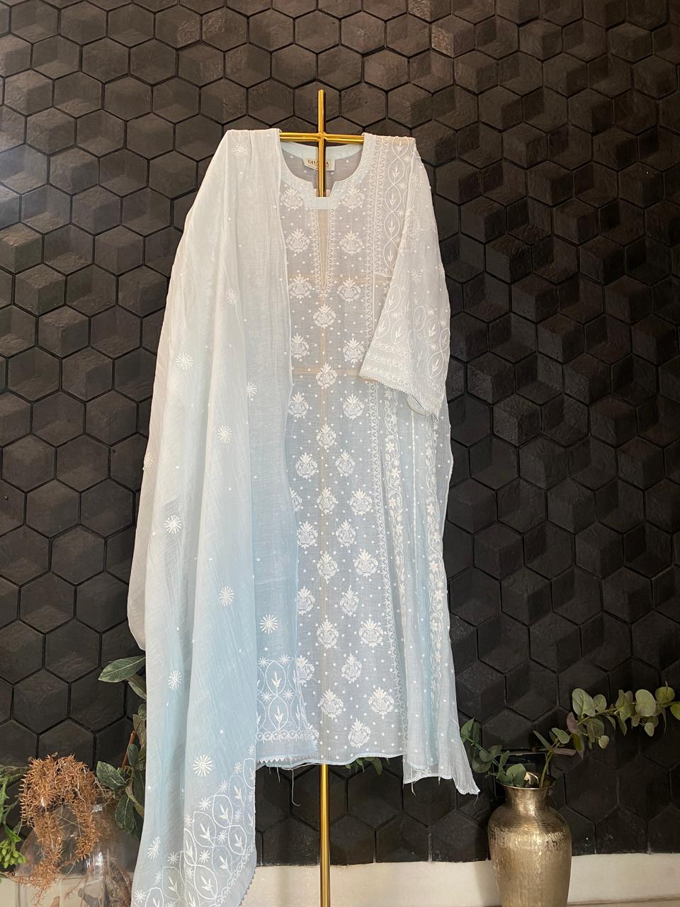Sky Blue Mul Chanderi Chikankari Anarkali Set