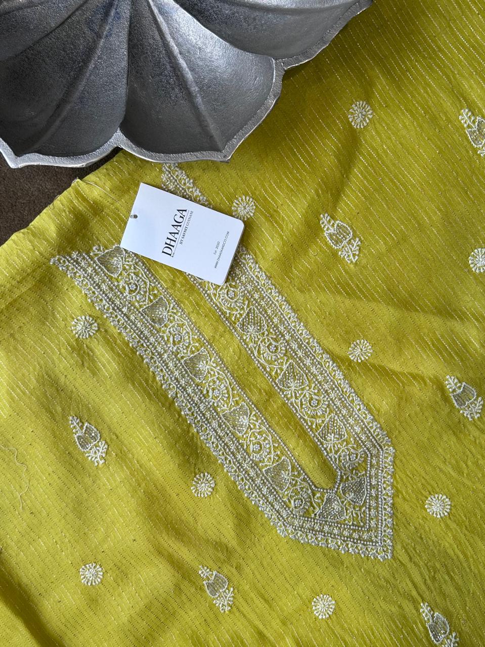 Lime Green Chanderi Chikankari Striped Mens kurta