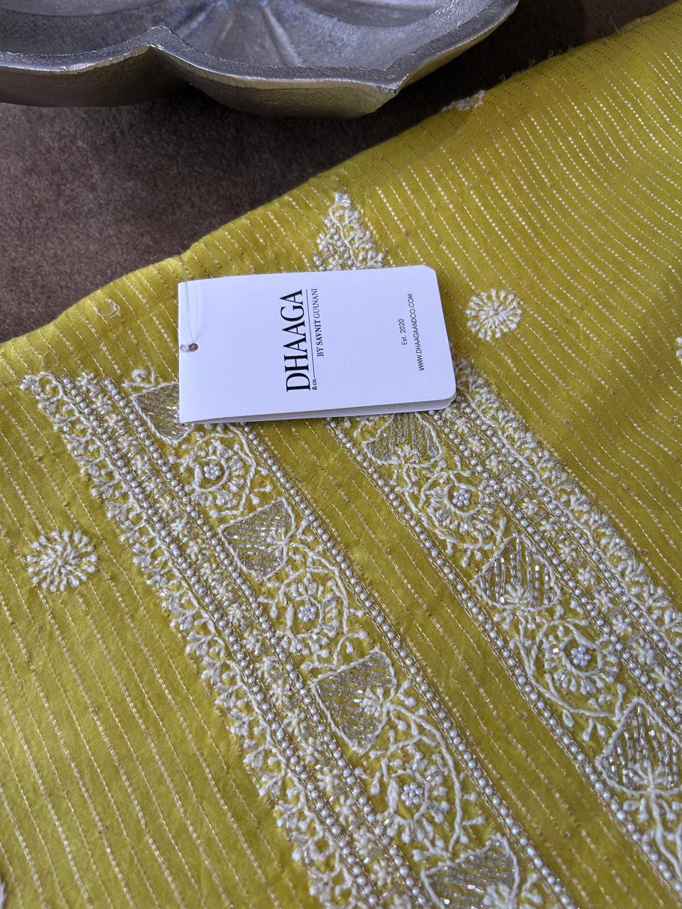Lime Green Chanderi Chikankari Striped Mens kurta