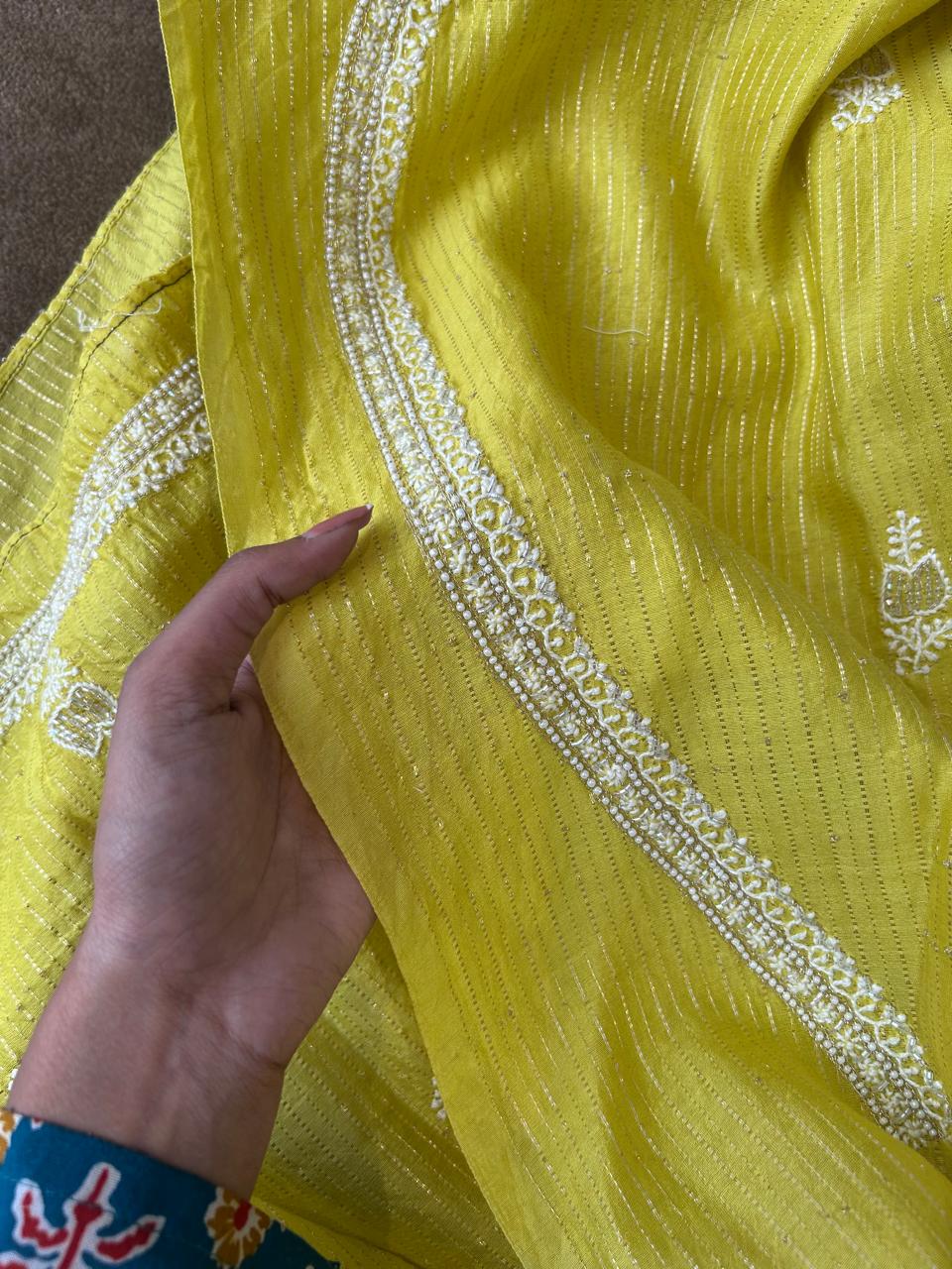 Lime Green Chanderi Chikankari Striped Mens kurta