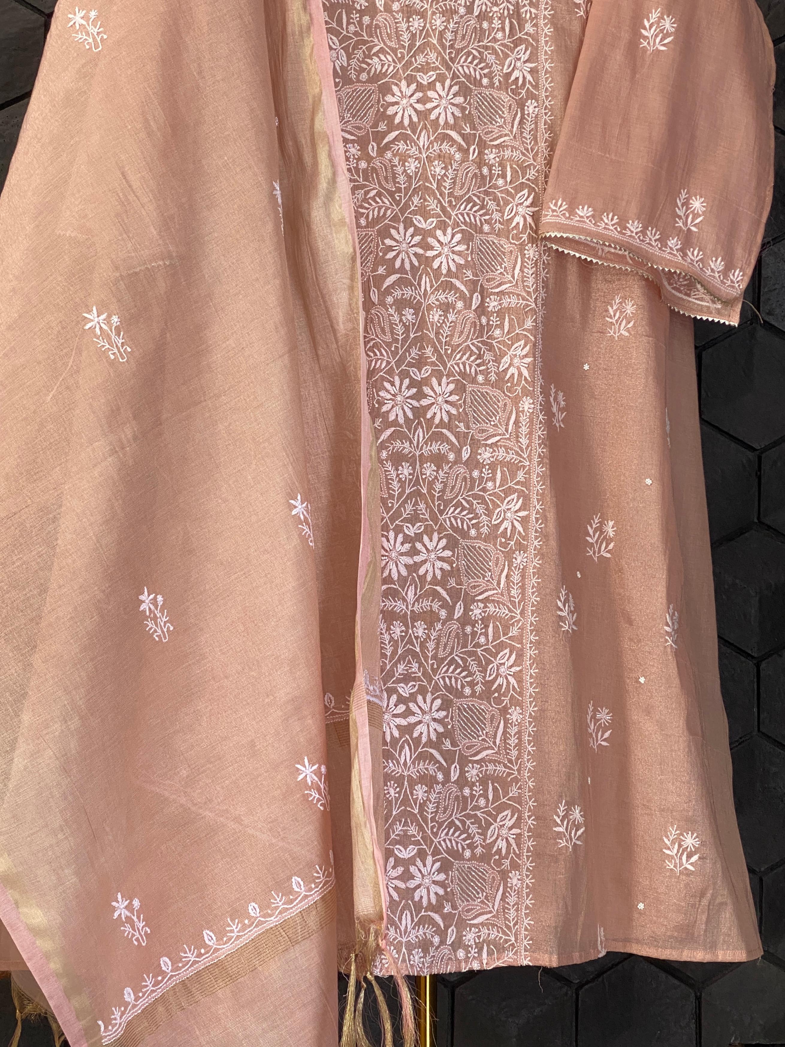 Peach Golden Tissue Chikankari Kurta Set