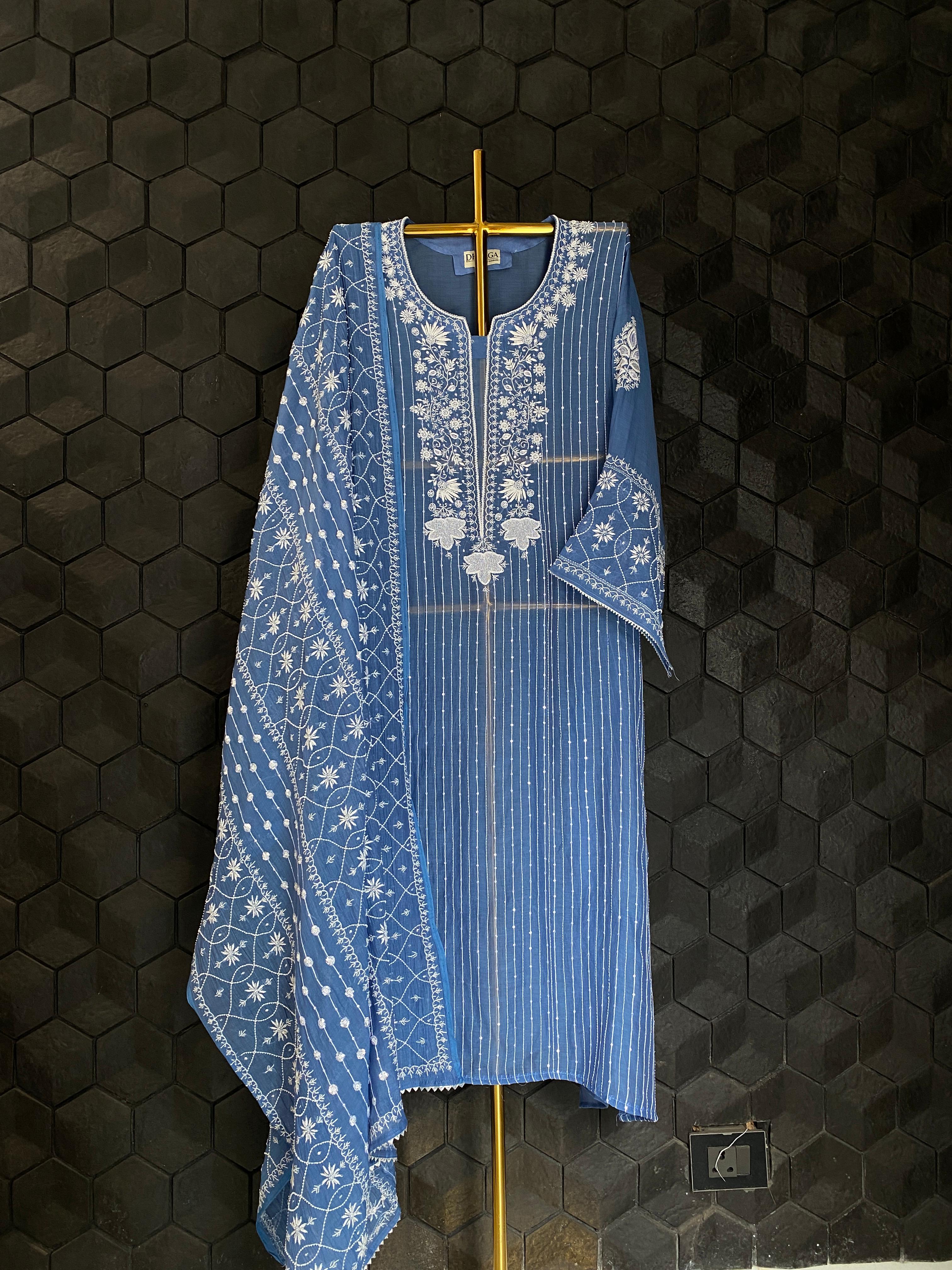 Cobalt Blue Mul Chanderi Chikankari Kurta Set