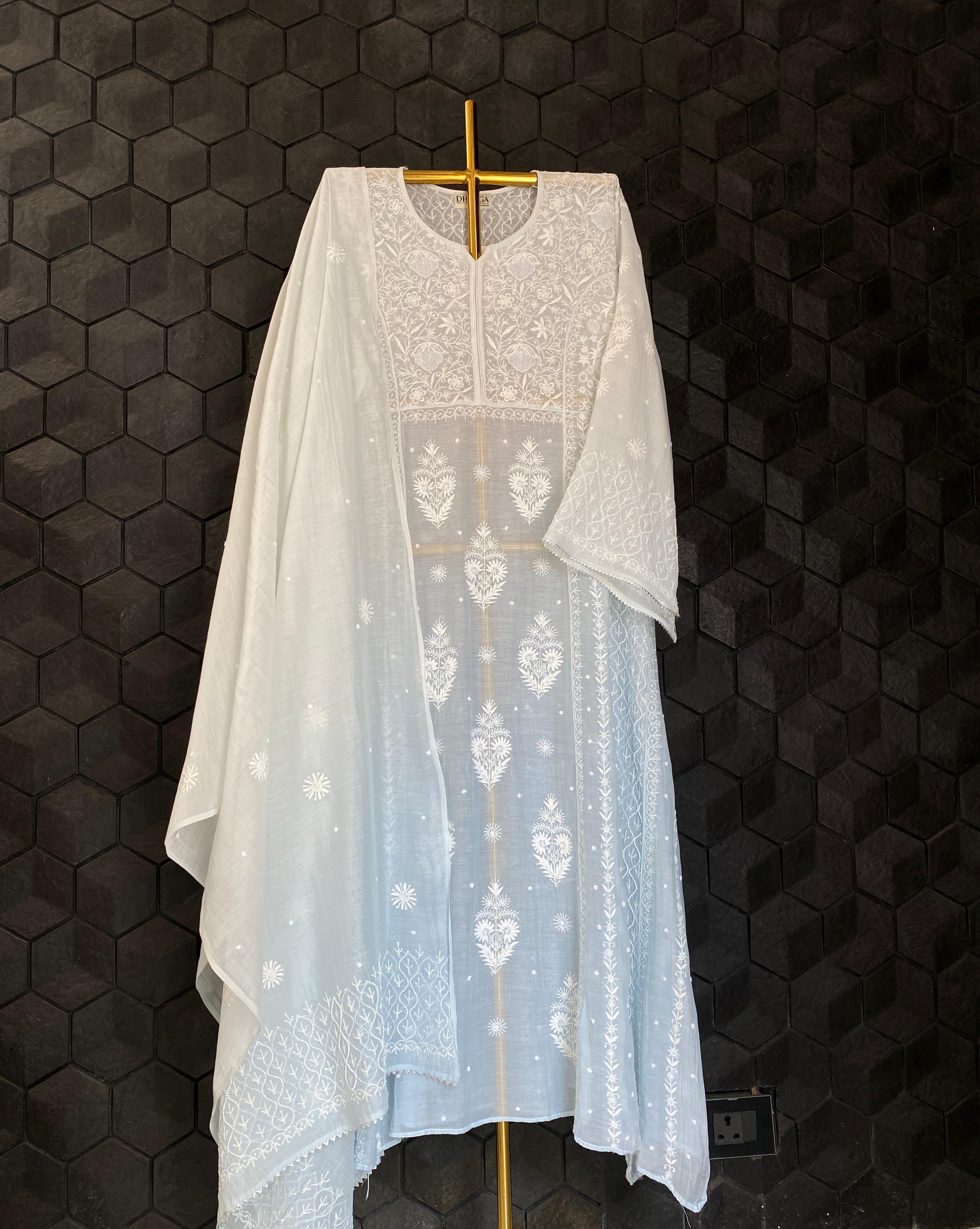 Sky Blue Mul Chanderi Chikankari Kurta Set