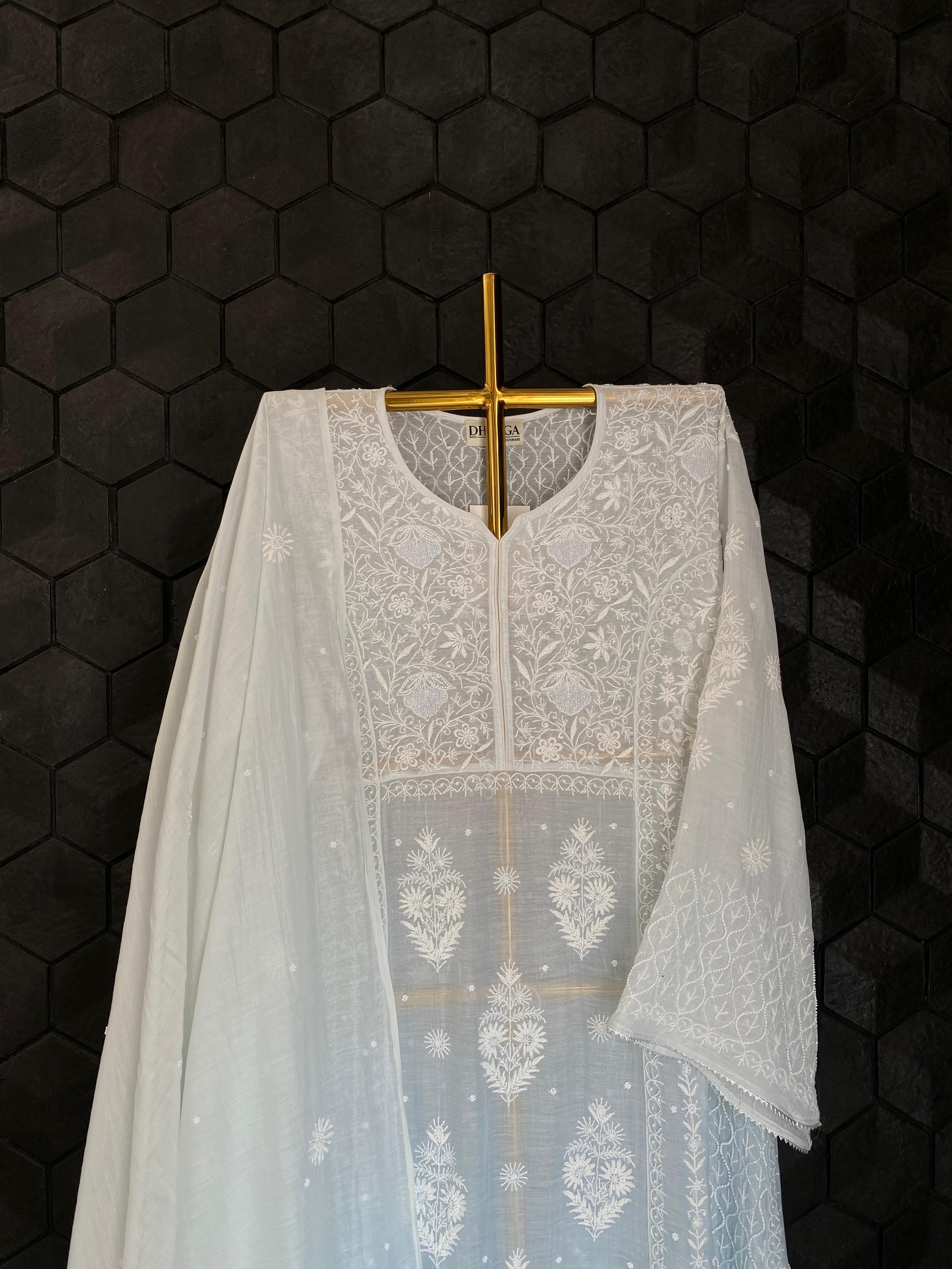 Sky Blue Mul Chanderi Chikankari Kurta Set