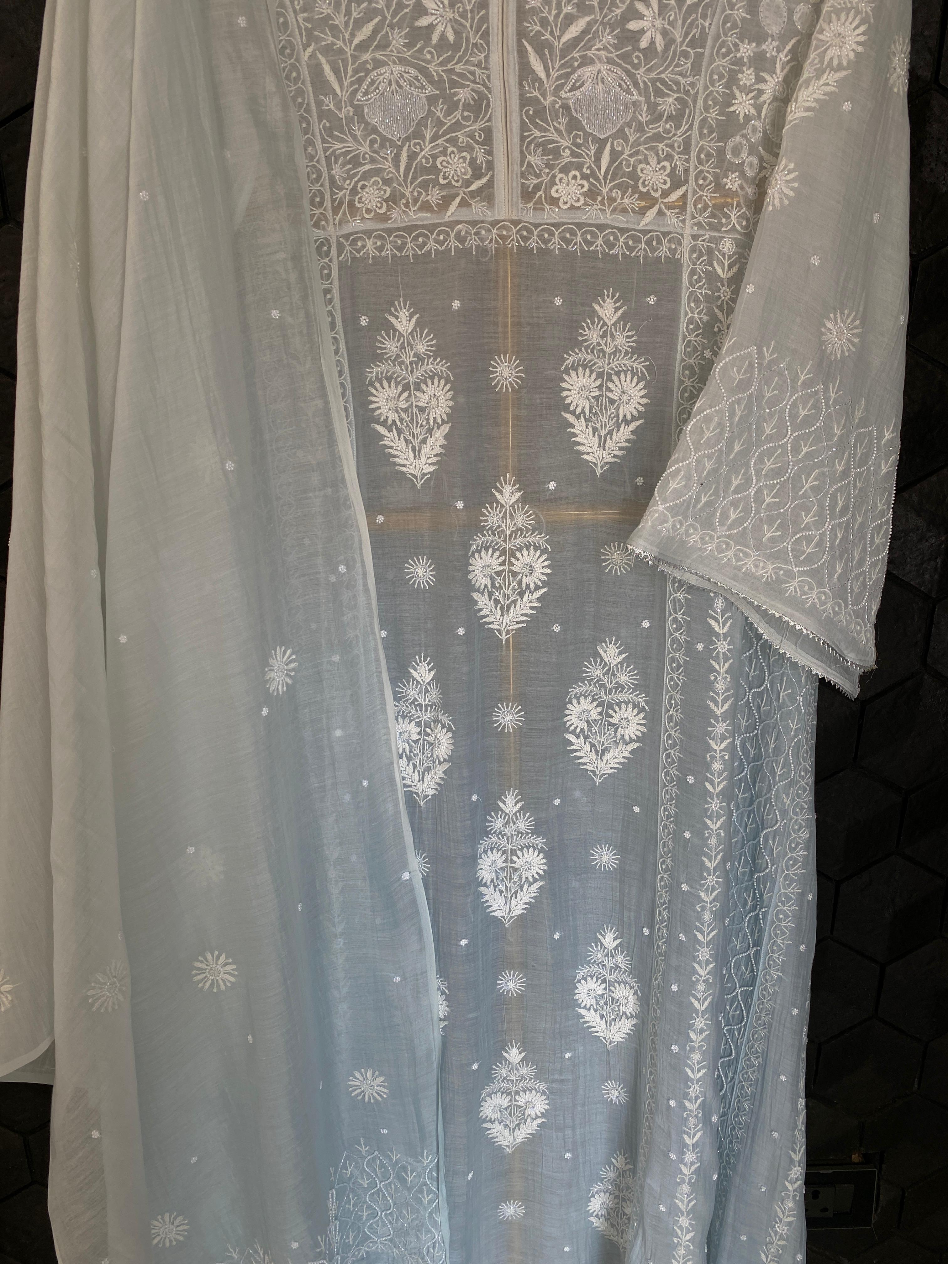 Sky Blue Mul Chanderi Chikankari Kurta Set