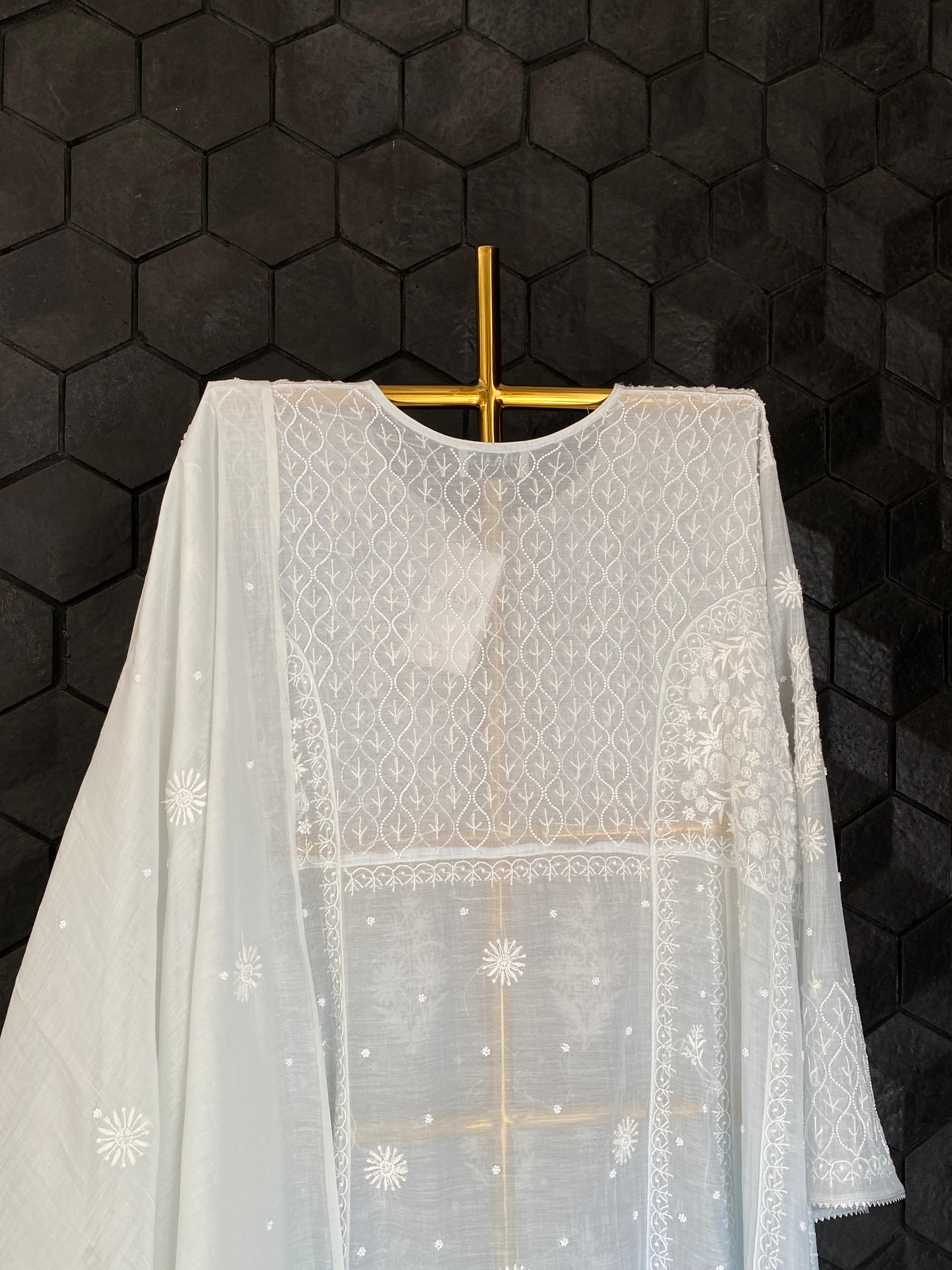 Sky Blue Mul Chanderi Chikankari Kurta Set