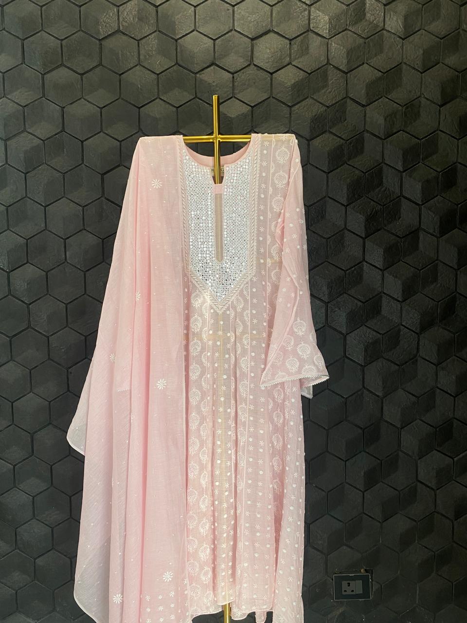 Pink Mul Chanderi Chikankari Anarkali Set