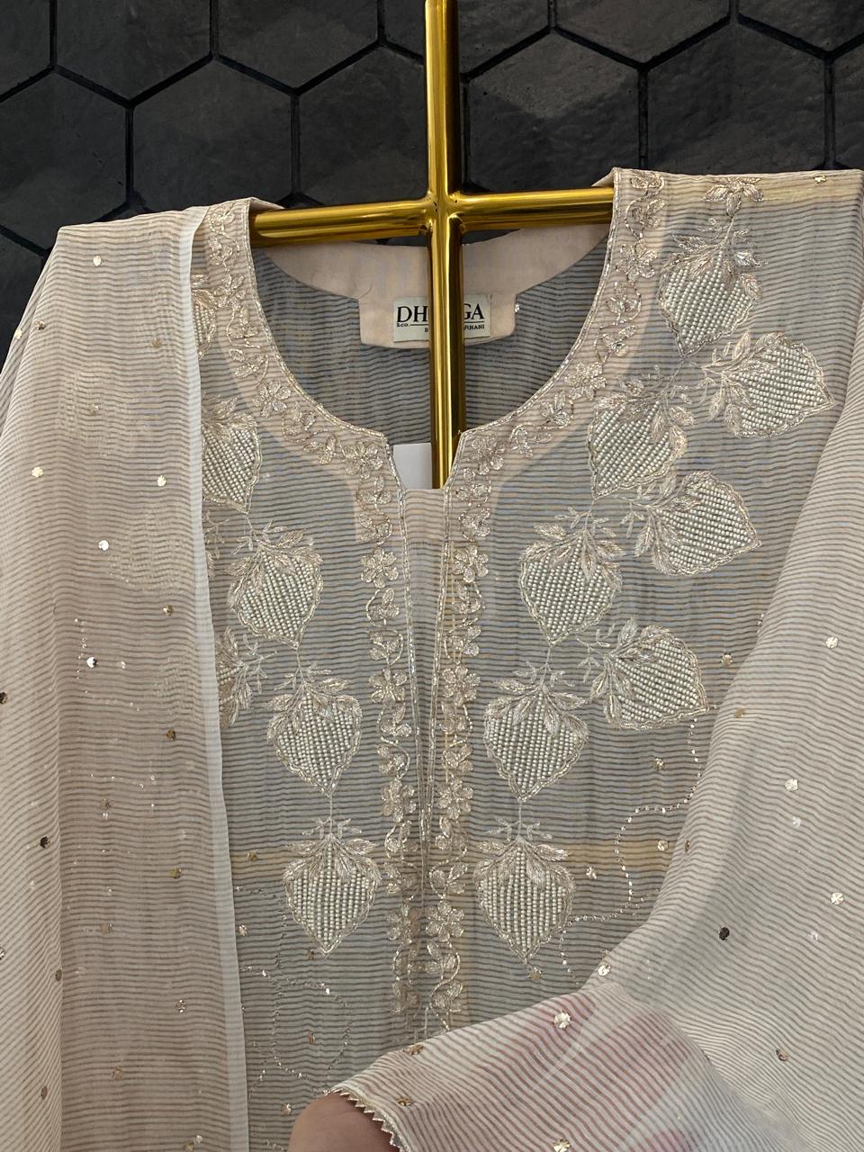 Natural Striped Tissue Chikankari Kurta Set