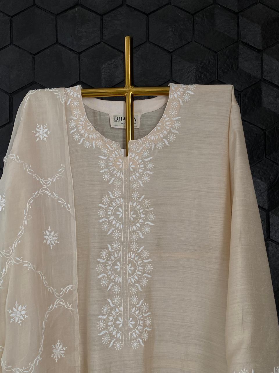 Beige Munga Silk Chikankari kurta Set