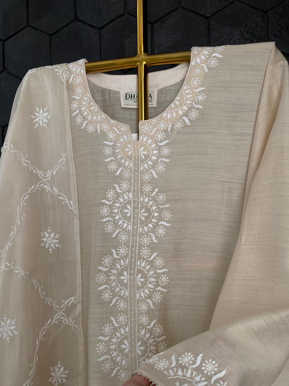Beige Munga Silk Chikankari kurta Set