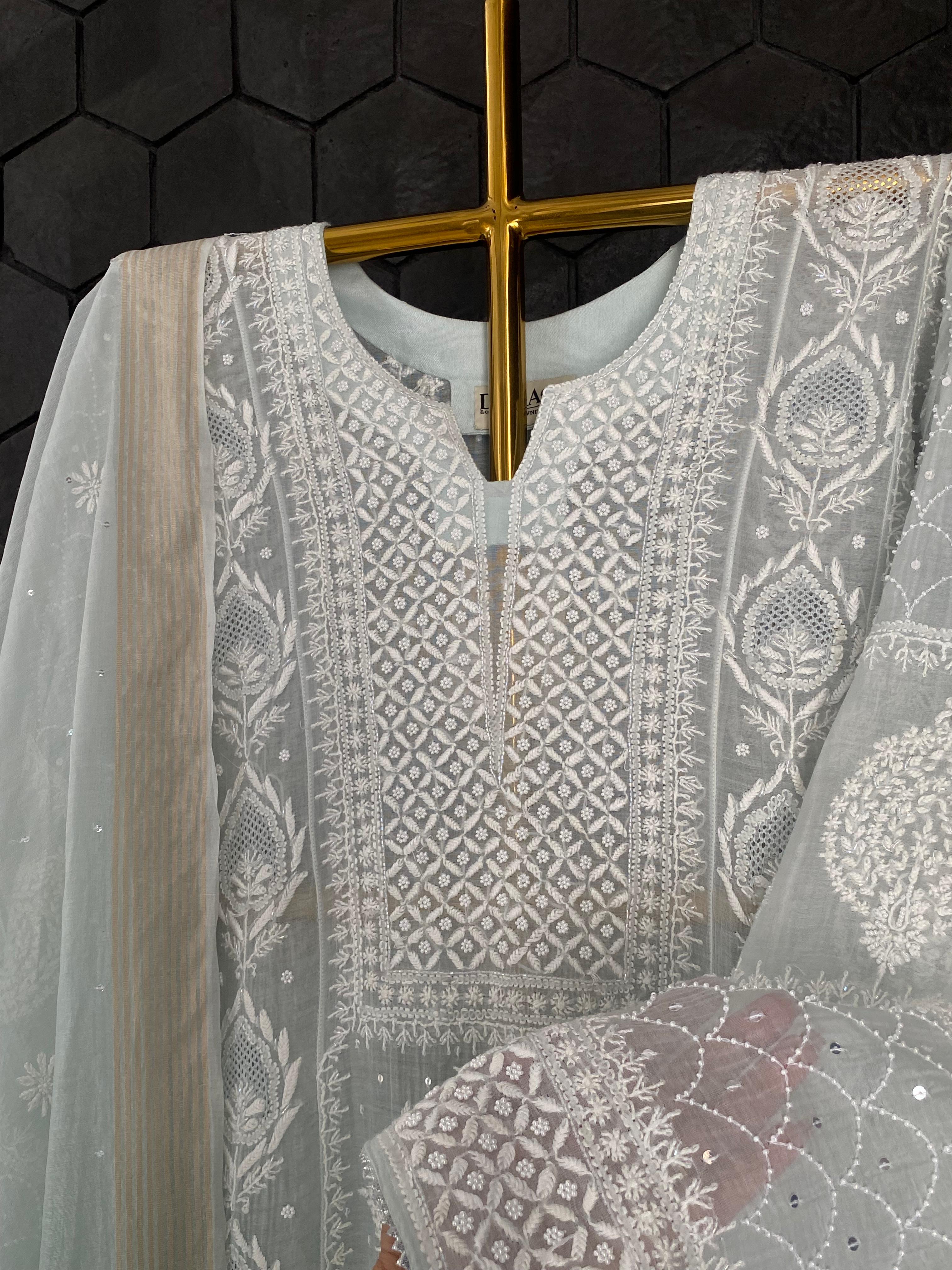 Sea Green Mul Chanderi Chikankari Anarkali Set