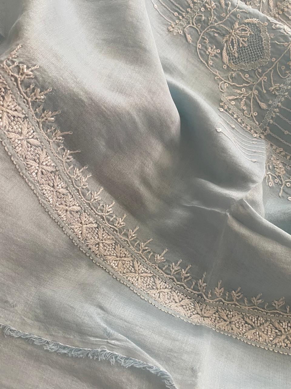 Blue mens chanderi chikankari kurta