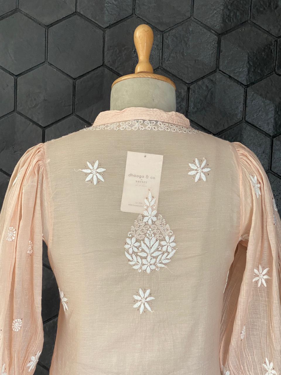 Peach Mul Chanderi Chikankari Co-ord set
