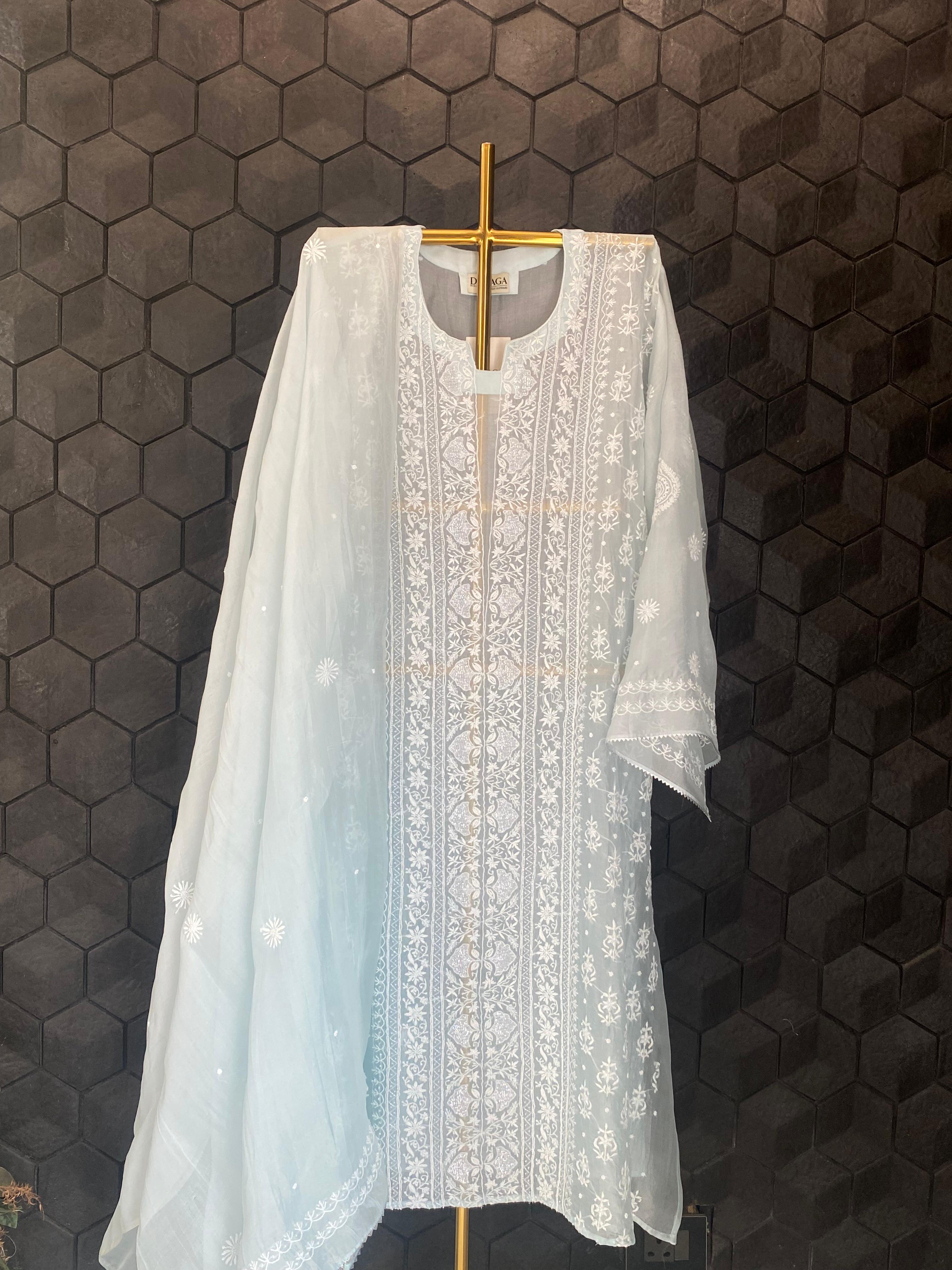 Blue Organza Chikankari Kurta Set