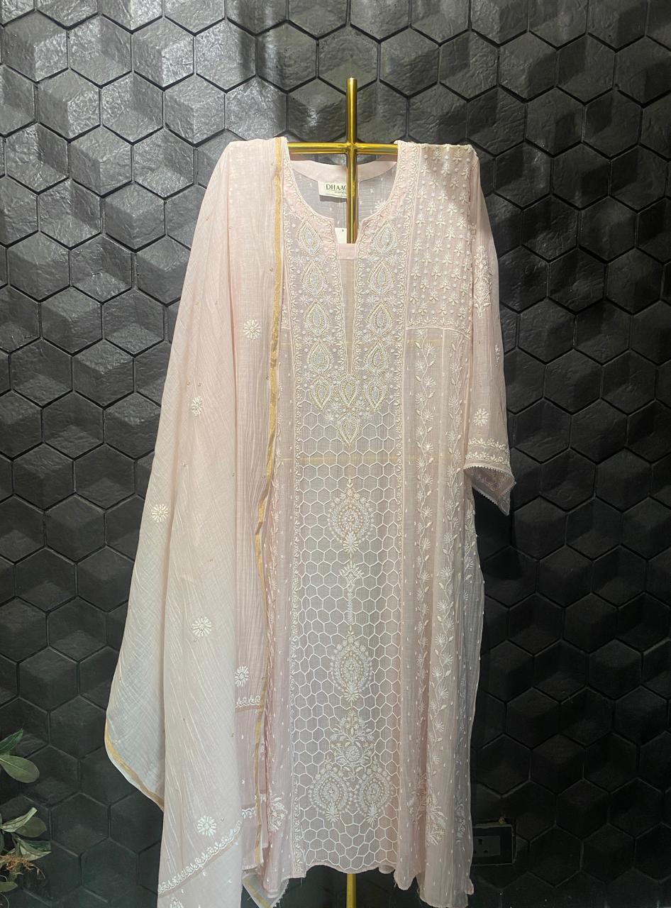 Pink Mul Chanderi Chikankari Anarkali set
