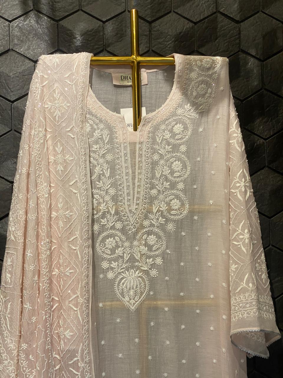 Pink Mul Chanderi Chikankari Kurta Set