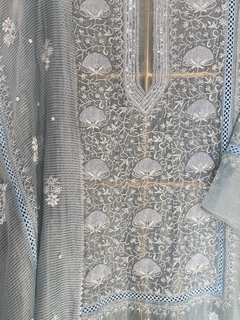 Blue Striped Tissue Chikankari Kurta Set