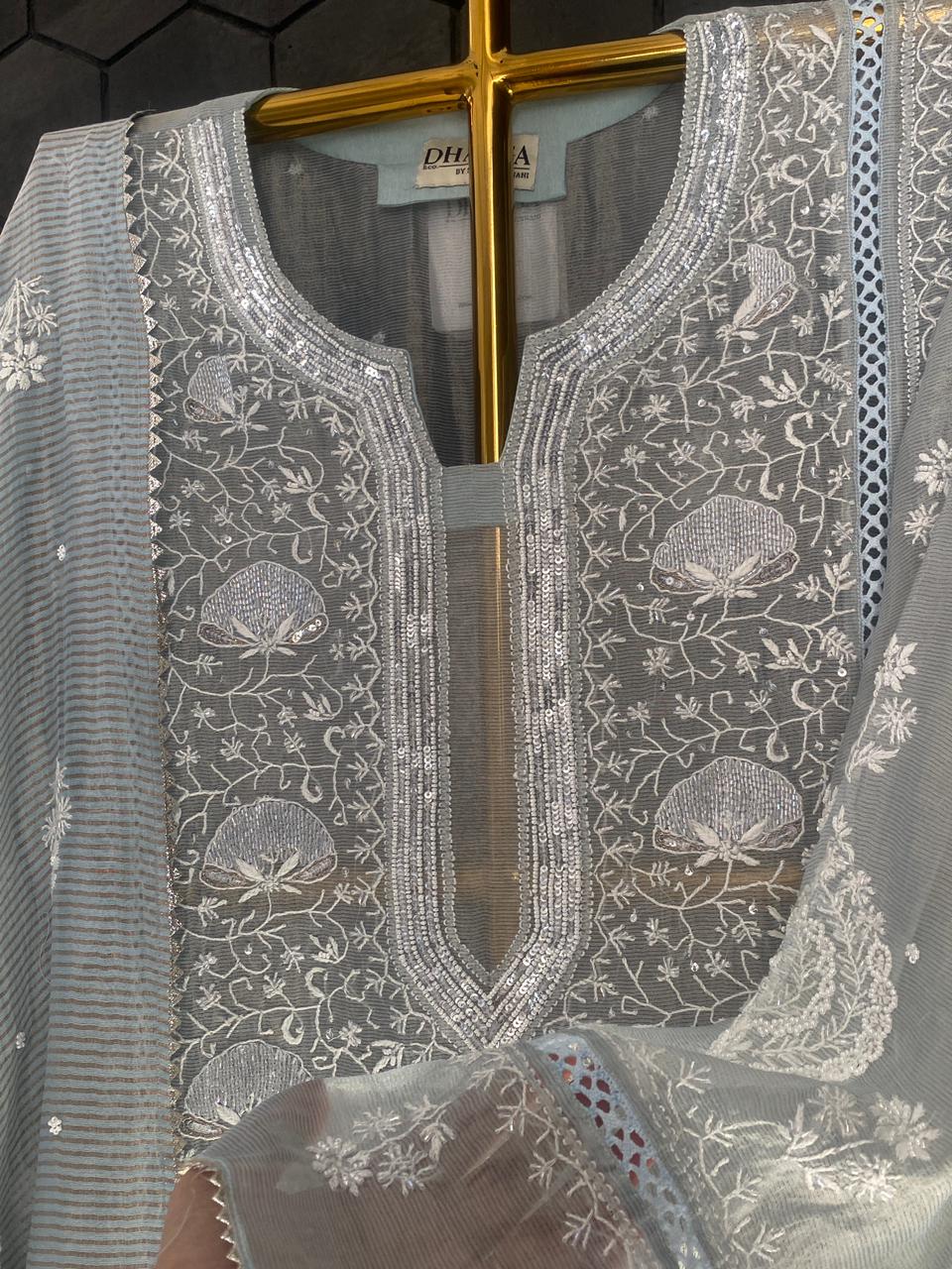Blue Striped Tissue Chikankari Kurta Set