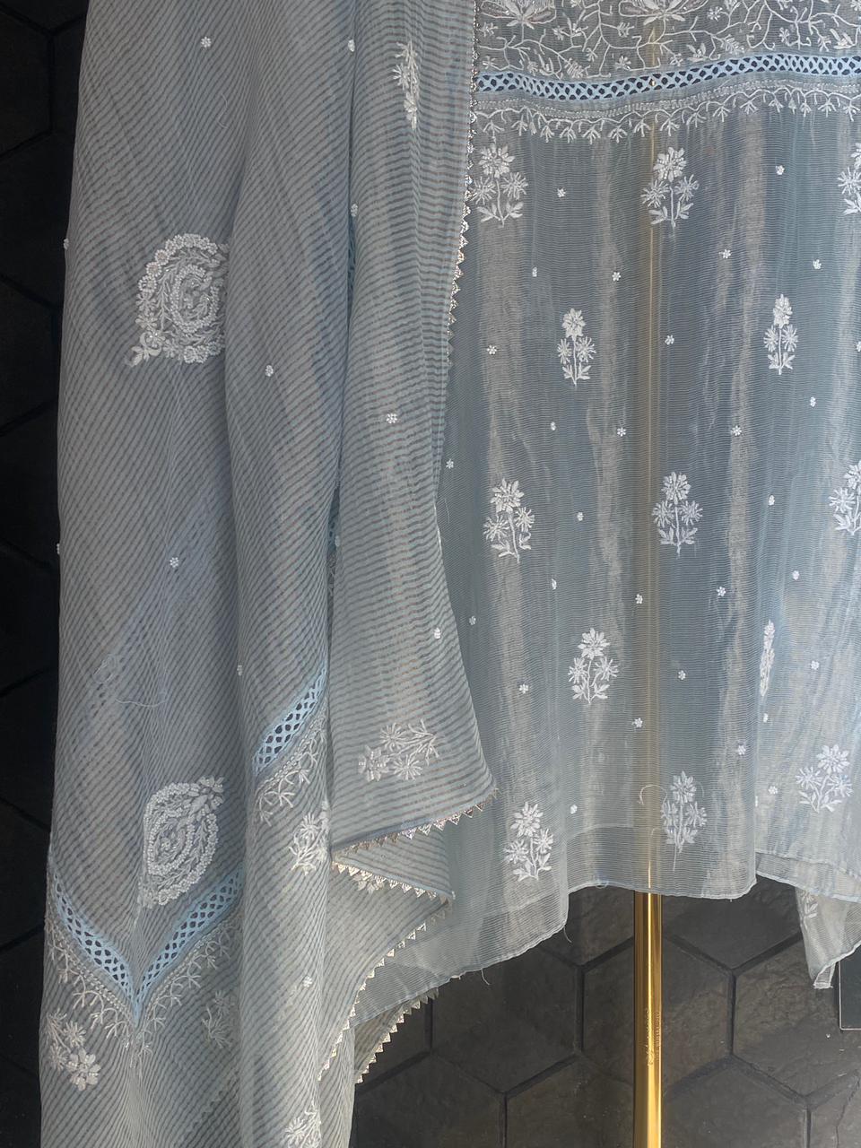 Blue Striped Tissue Chikankari Kurta Set
