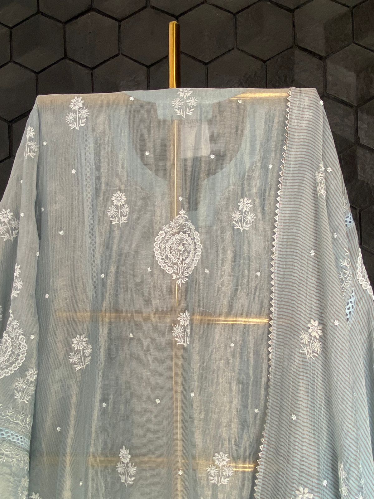 Blue Striped Tissue Chikankari Kurta Set
