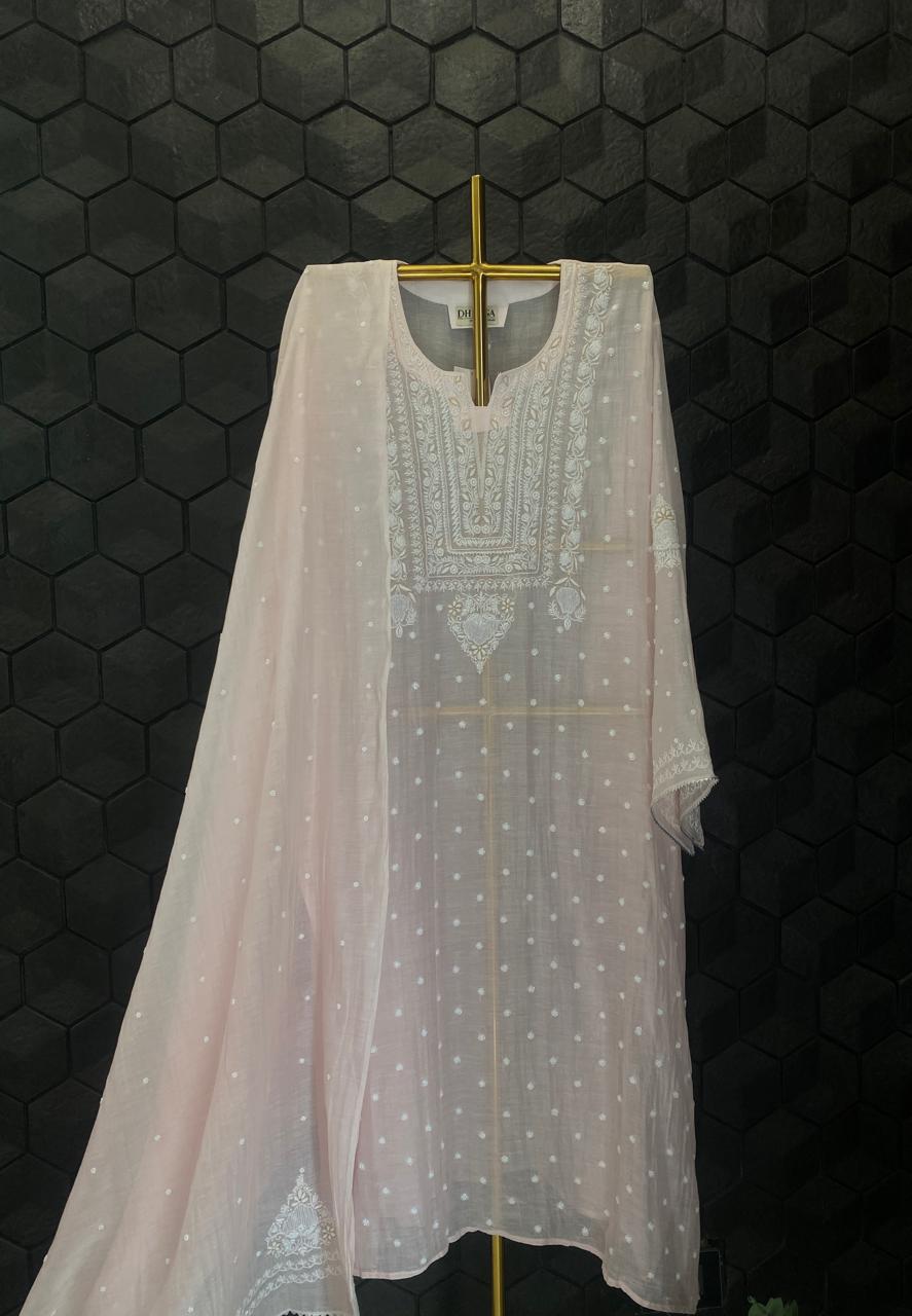 Pink Mul Chanderi Chikankari Kurta Set