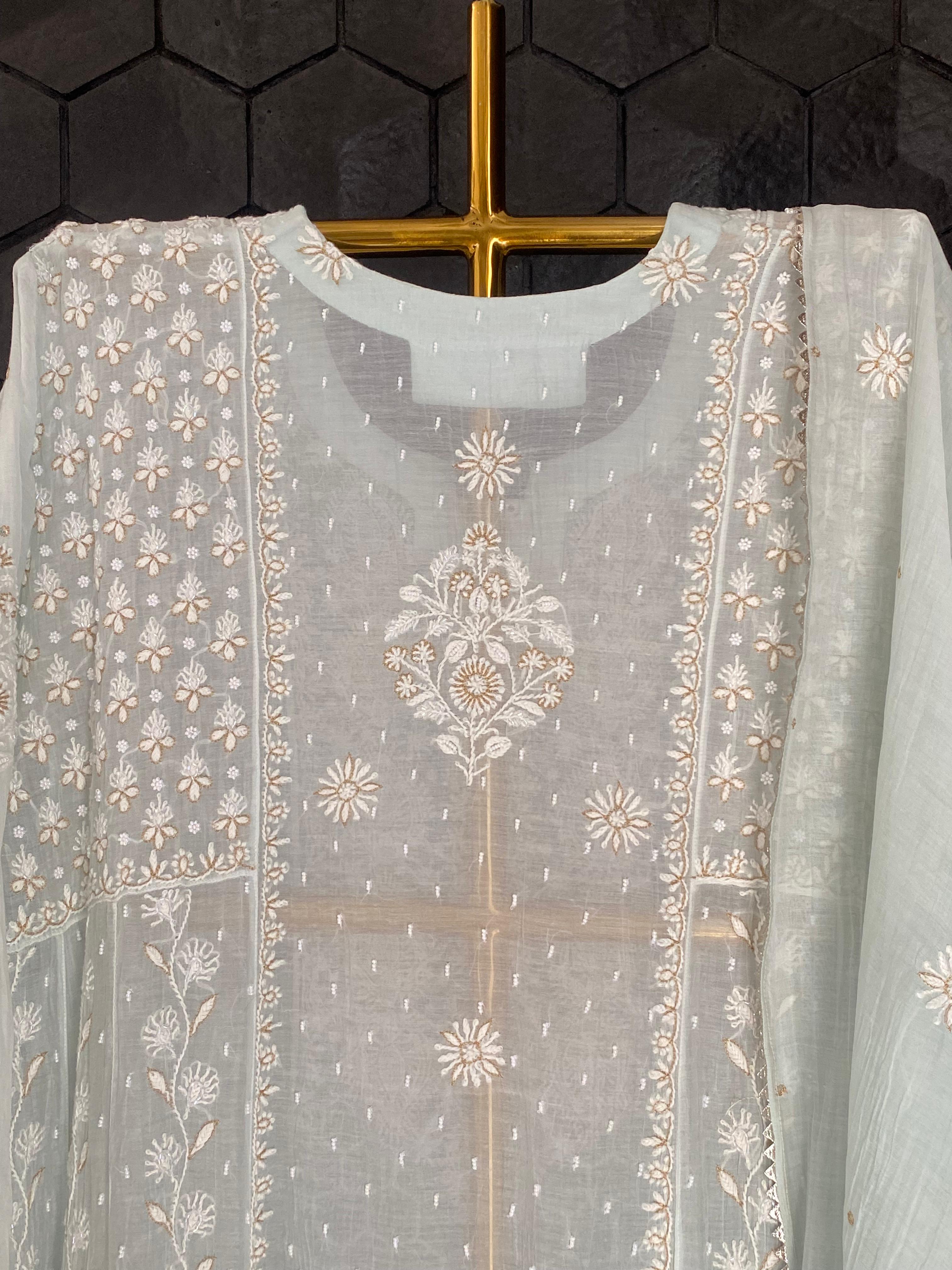 Sea Green Mul Chanderi Chikankari Anarkali Set