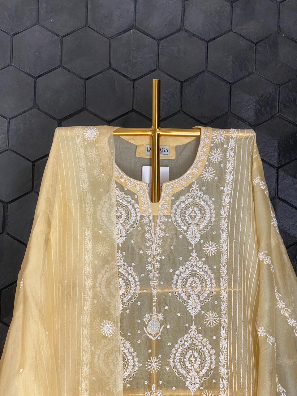 Yellow organza Chikankari Center Panel Kurta Set