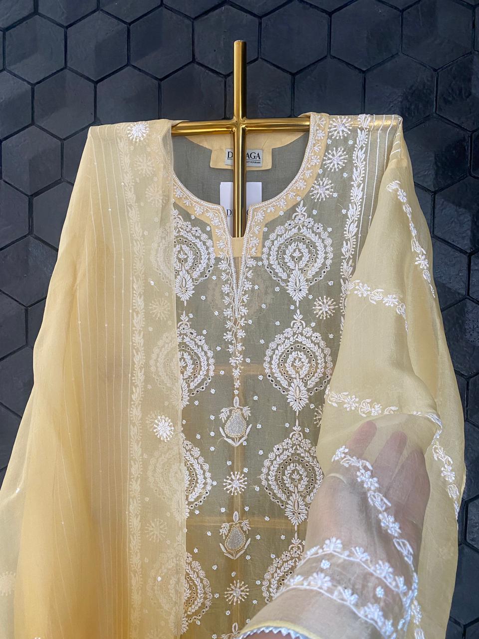 Yellow organza Chikankari Center Panel Kurta Set