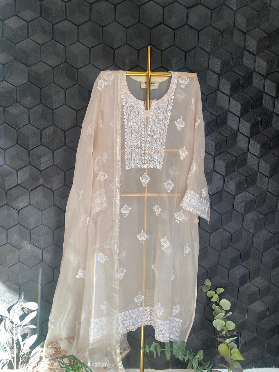 Brown ombre organza chikankari kurta set