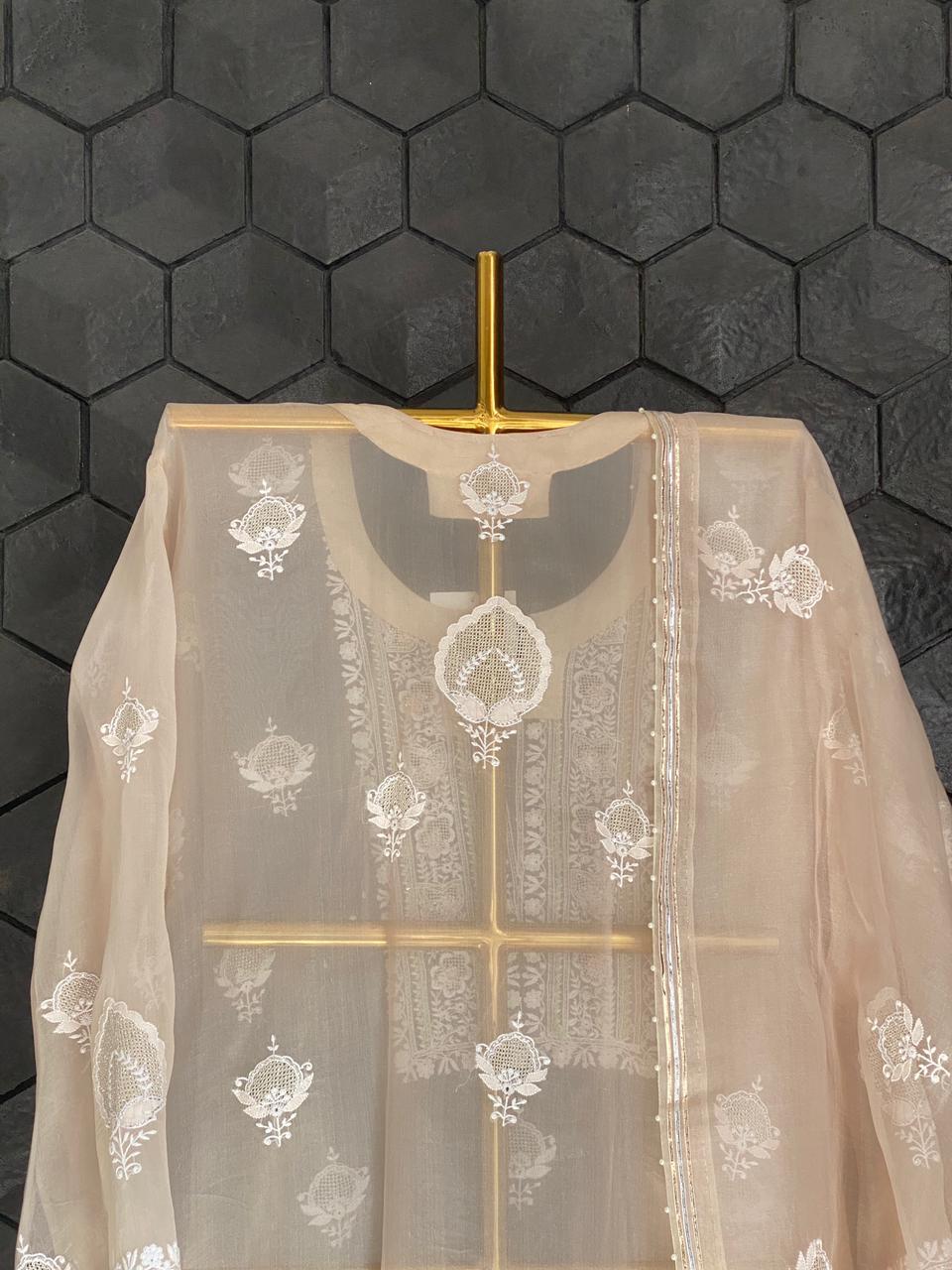 Brown ombre organza chikankari kurta set