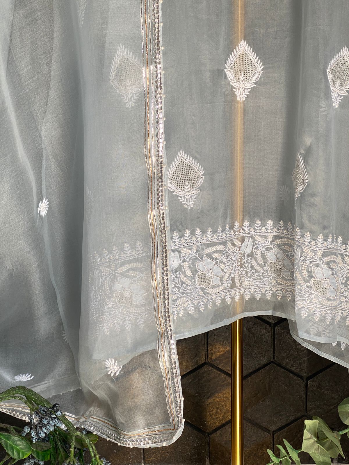 Blue Organza Chikankari Kurta Set