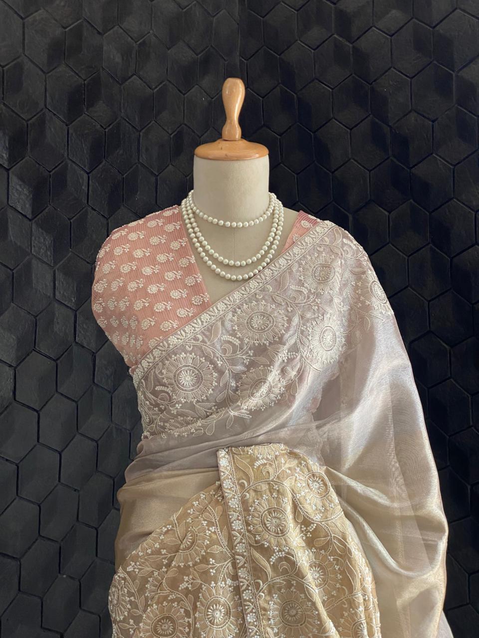 Gold Tissue Chikankari Saree with statement floral design
