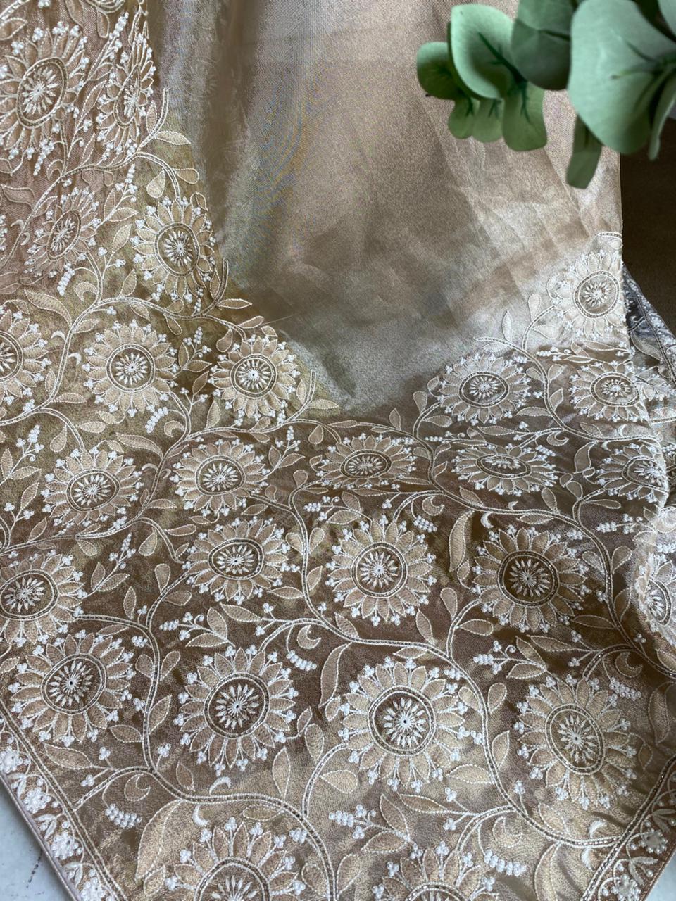 Gold Tissue Chikankari Saree with statement floral design