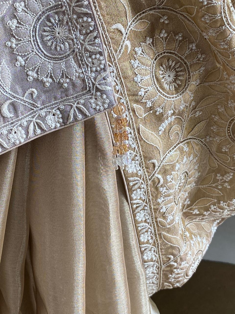 Gold Tissue Chikankari Saree with statement floral design