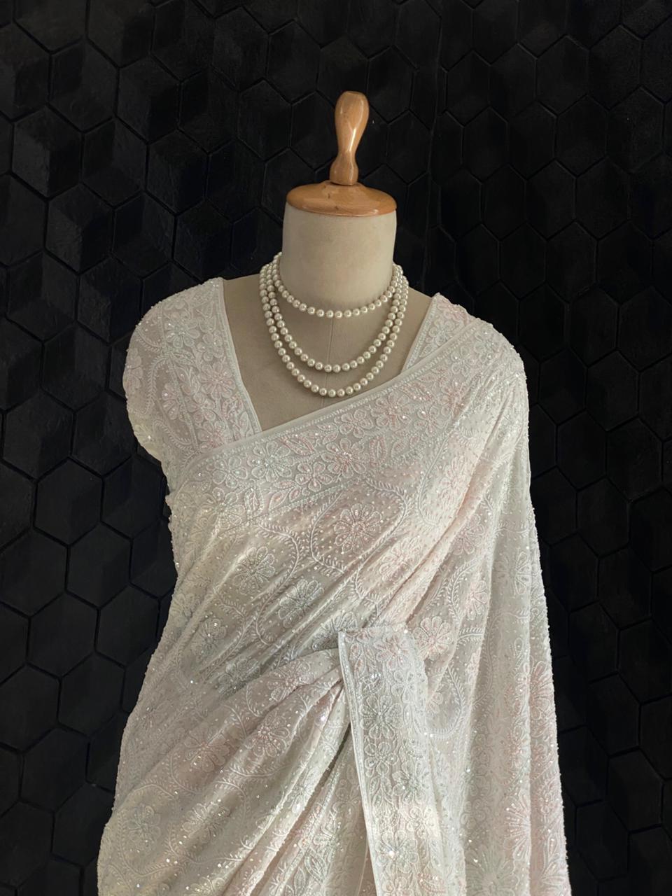 White Georgette Chikankari Saree
