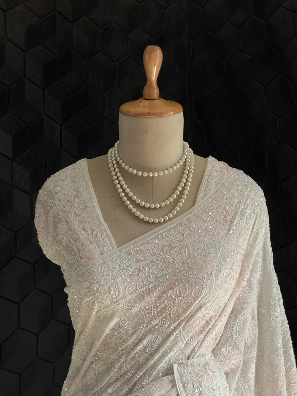 White Georgette Chikankari Saree