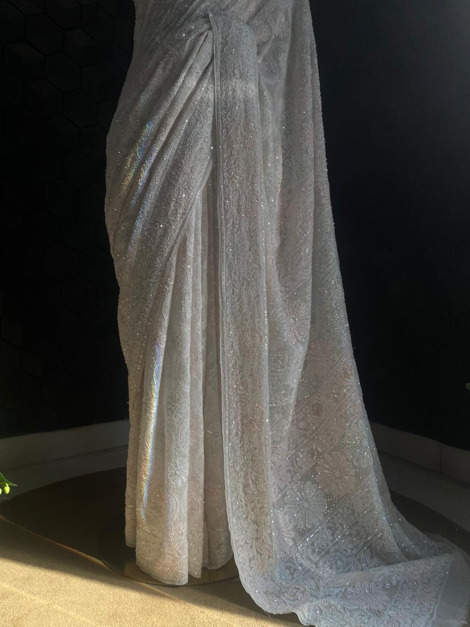 White Georgette Chikankari Saree
