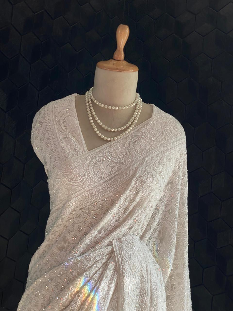 White Chikankari Georgette Saree