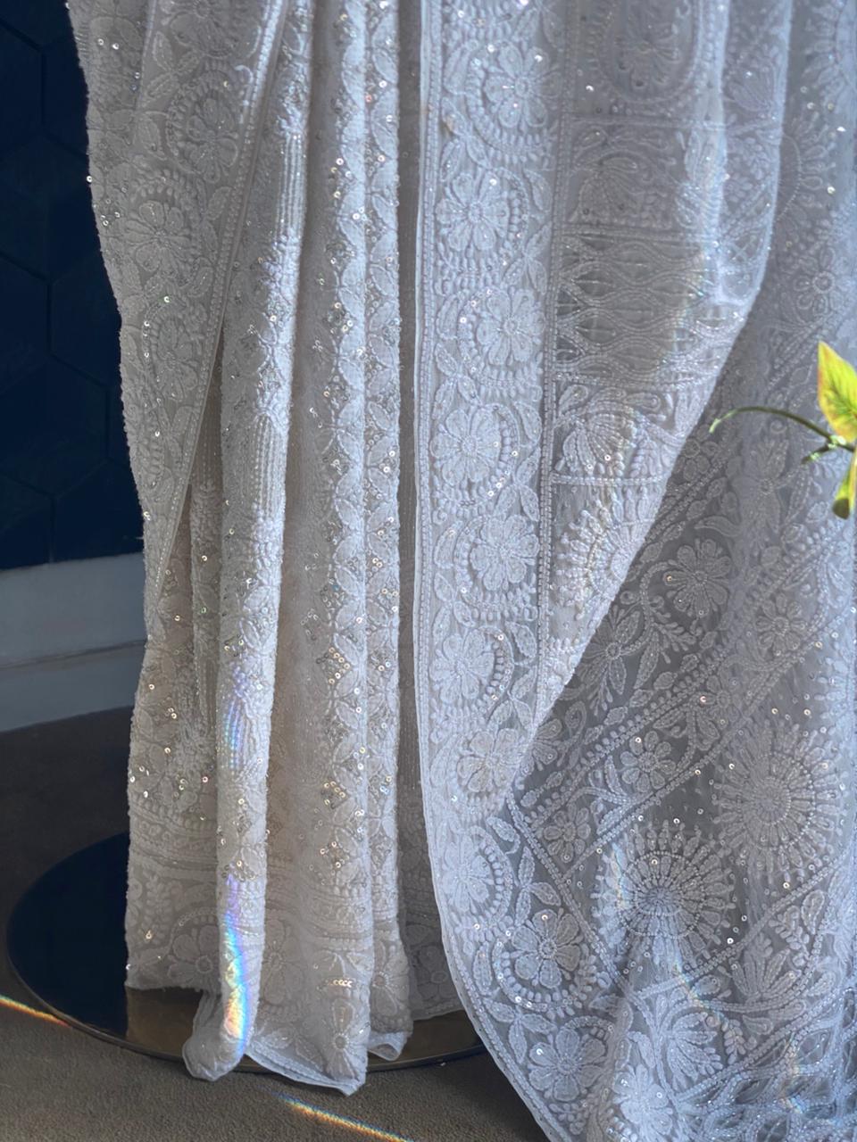 White Chikankari Georgette Saree