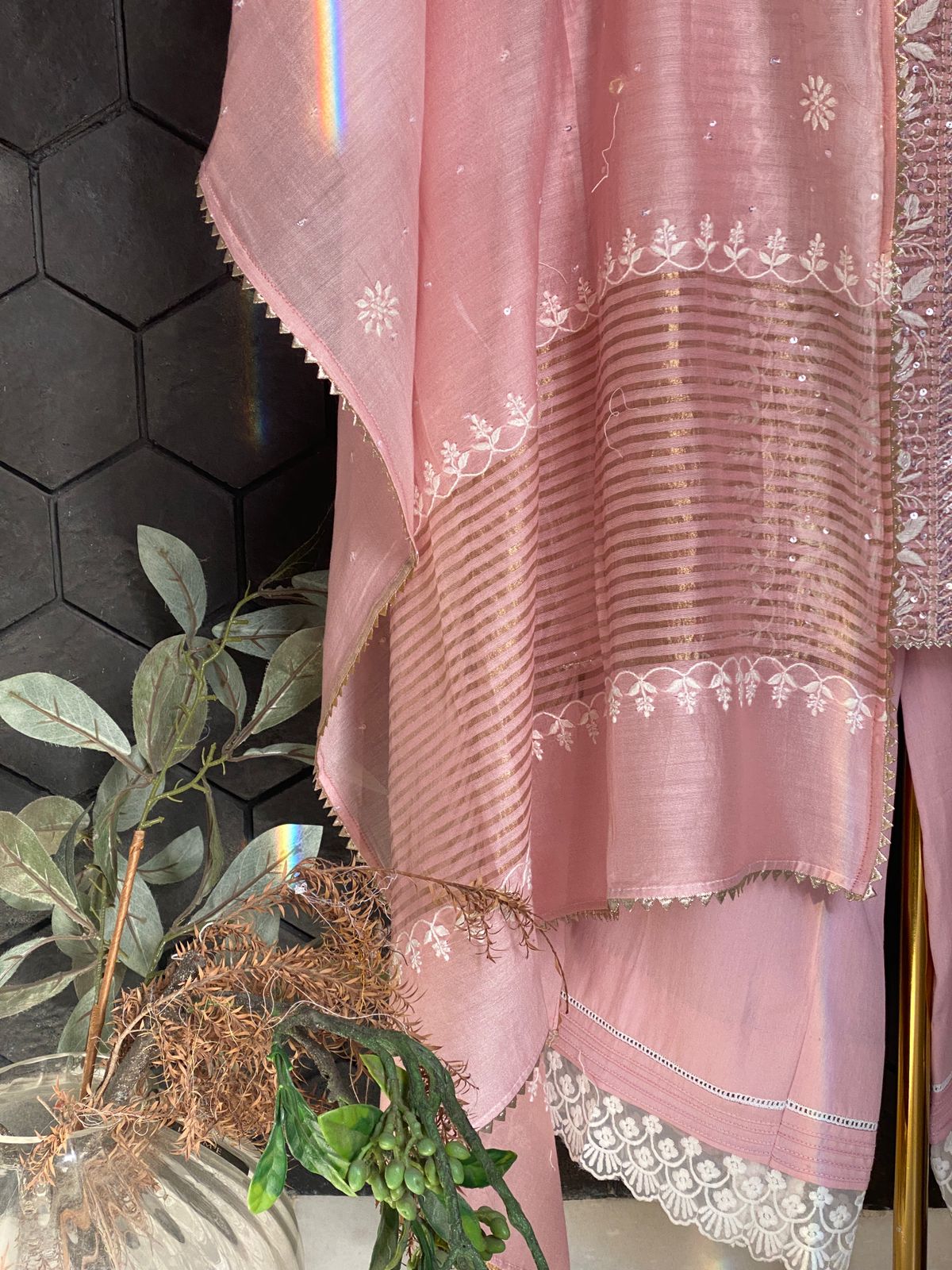 Pink Striped Tissue Chikankari Kurta Set