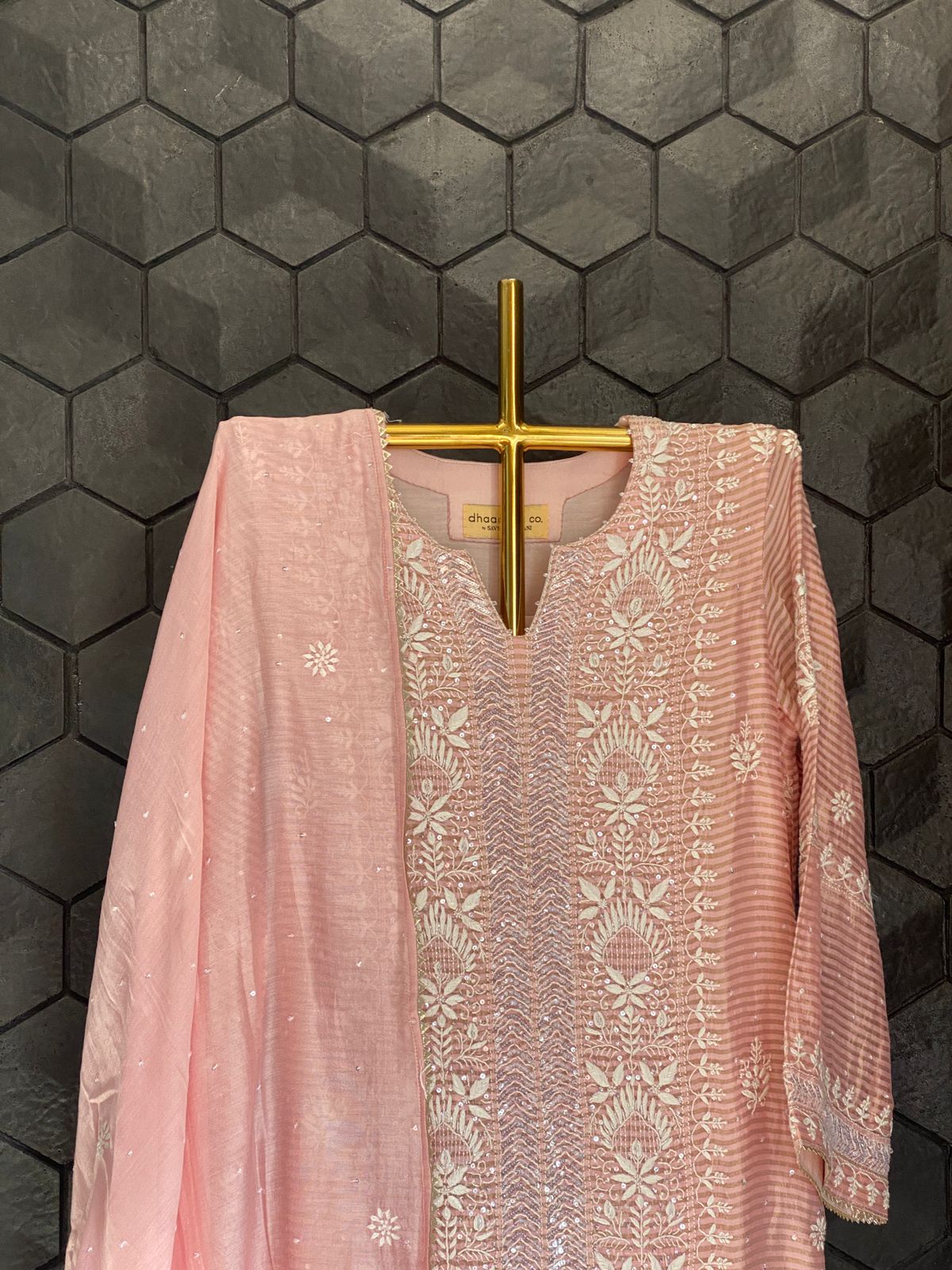 Pink Striped Tissue Chikankari Kurta Set
