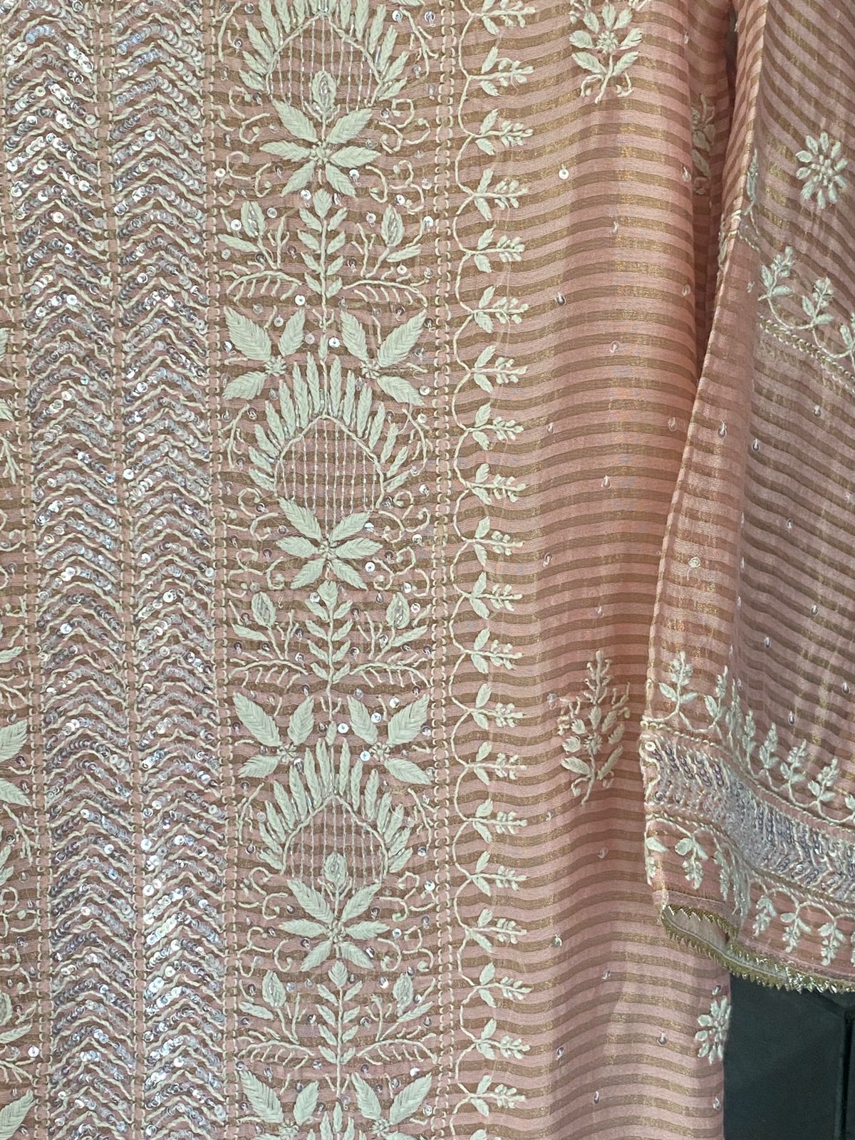 Pink Striped Tissue Chikankari Kurta Set
