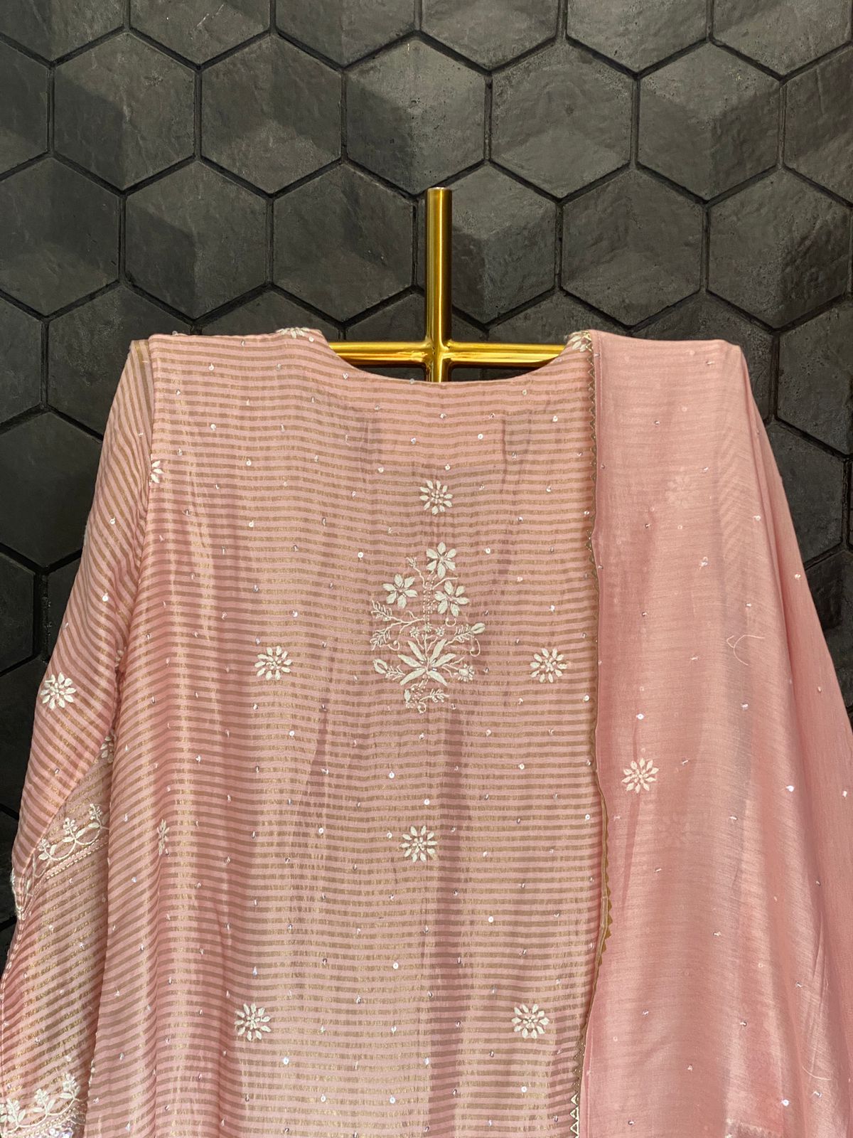 Pink Striped Tissue Chikankari Kurta Set
