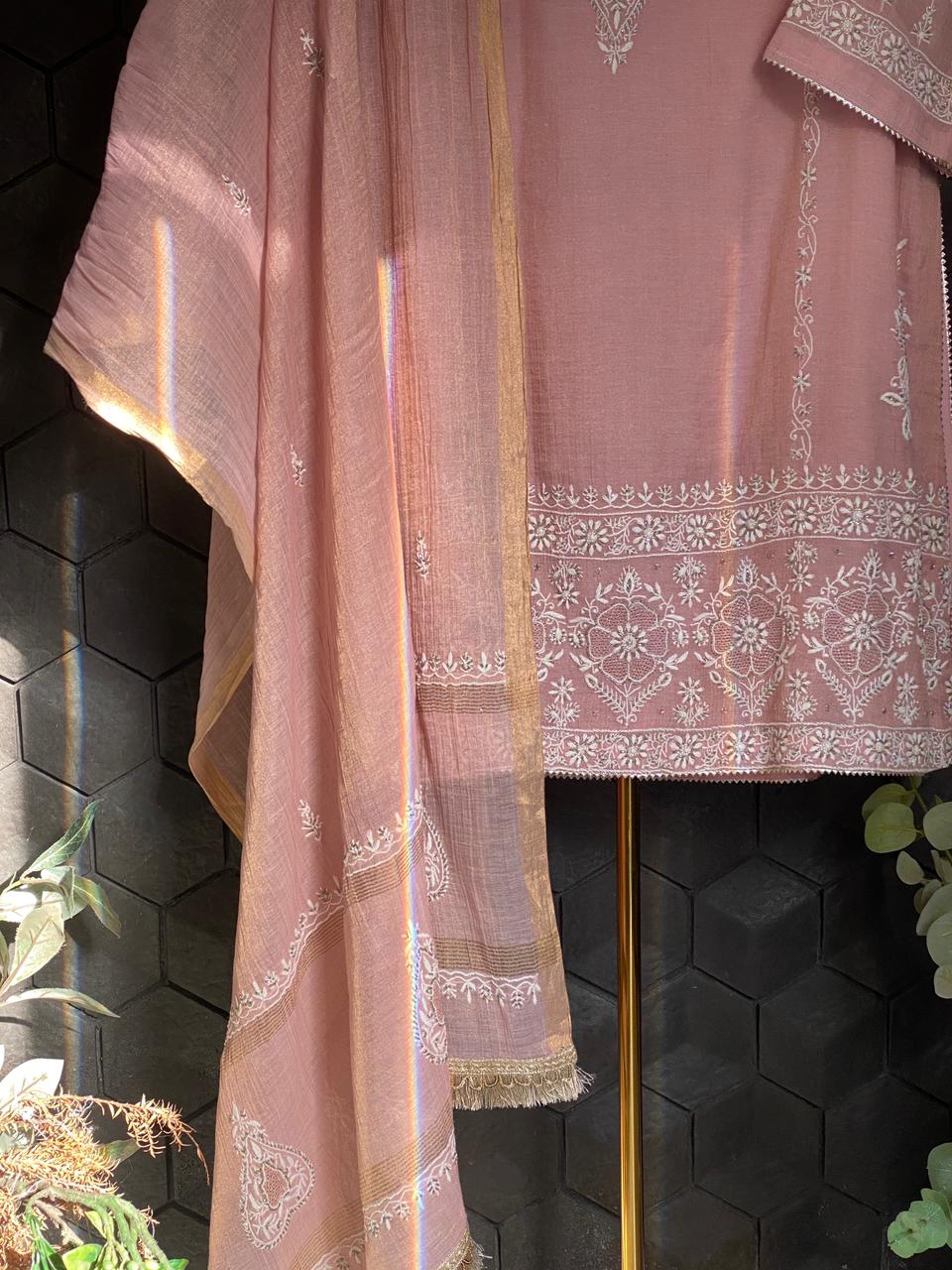 Pink Golden Tissue Chikankari Kurta Set