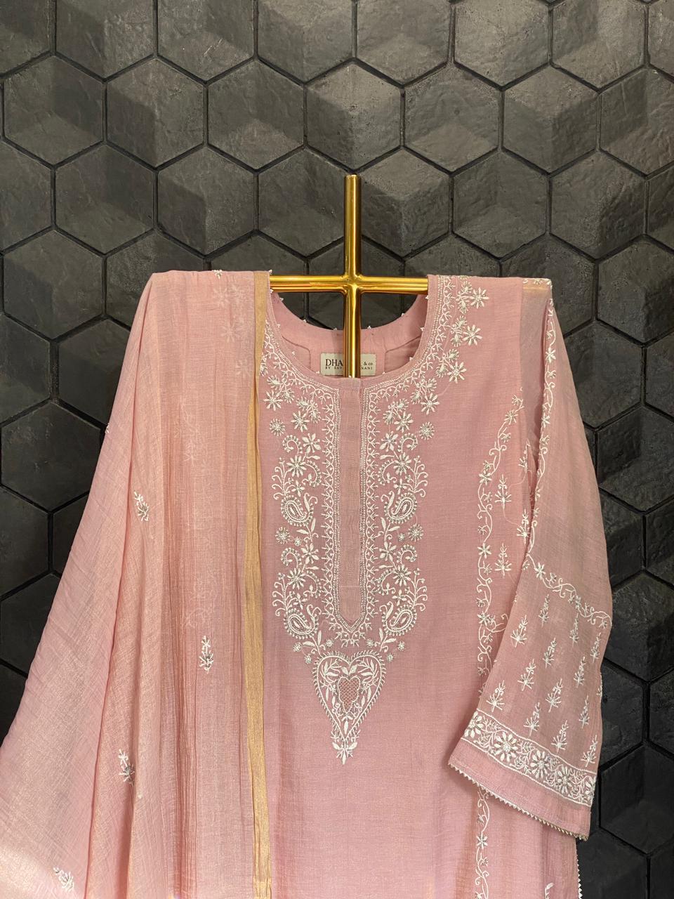 Pink Golden Tissue Chikankari Kurta Set