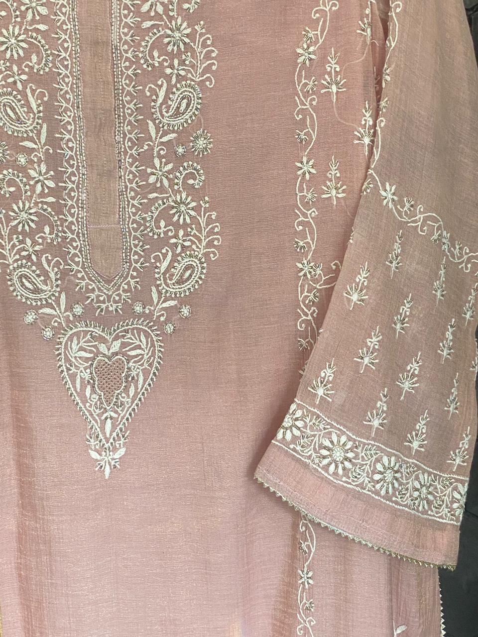 Pink Golden Tissue Chikankari Kurta Set