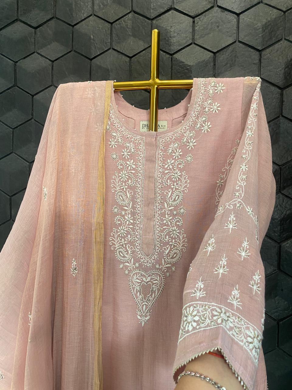 Pink Golden Tissue Chikankari Kurta Set