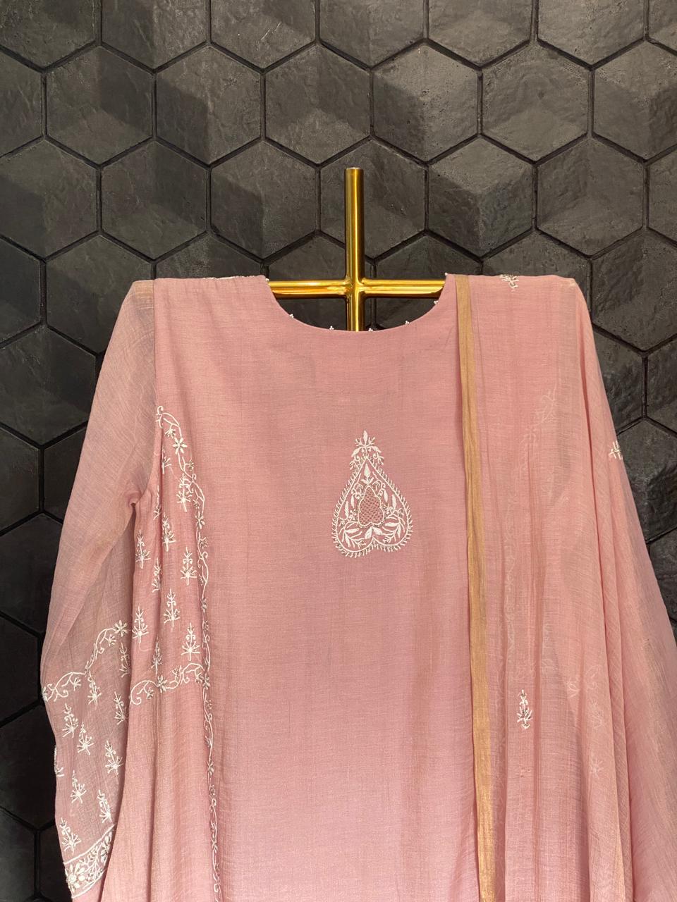 Pink Golden Tissue Chikankari Kurta Set
