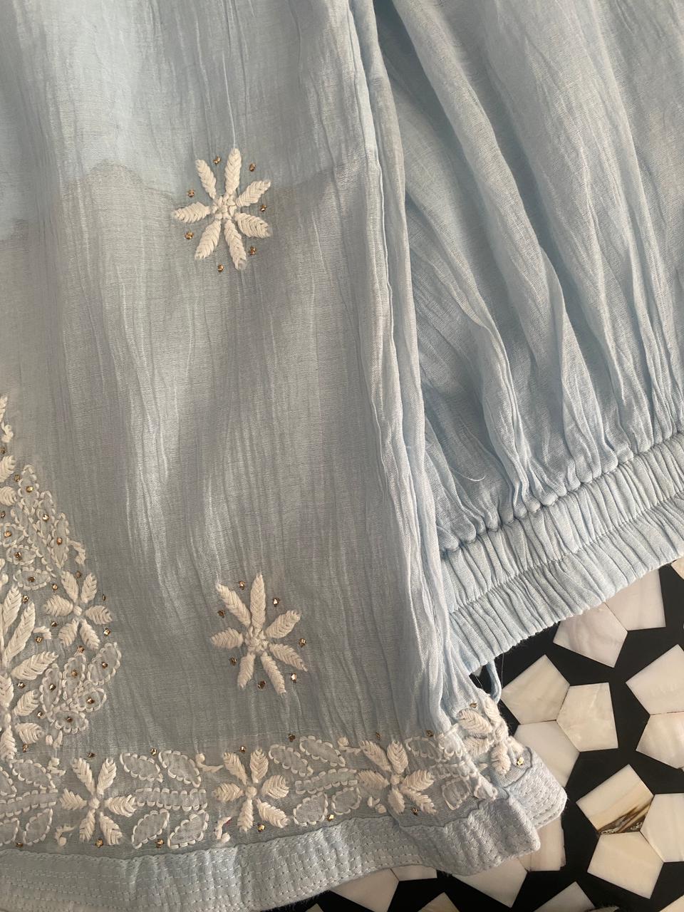 Blue Mul Chanderi Chikankari Co-ord set