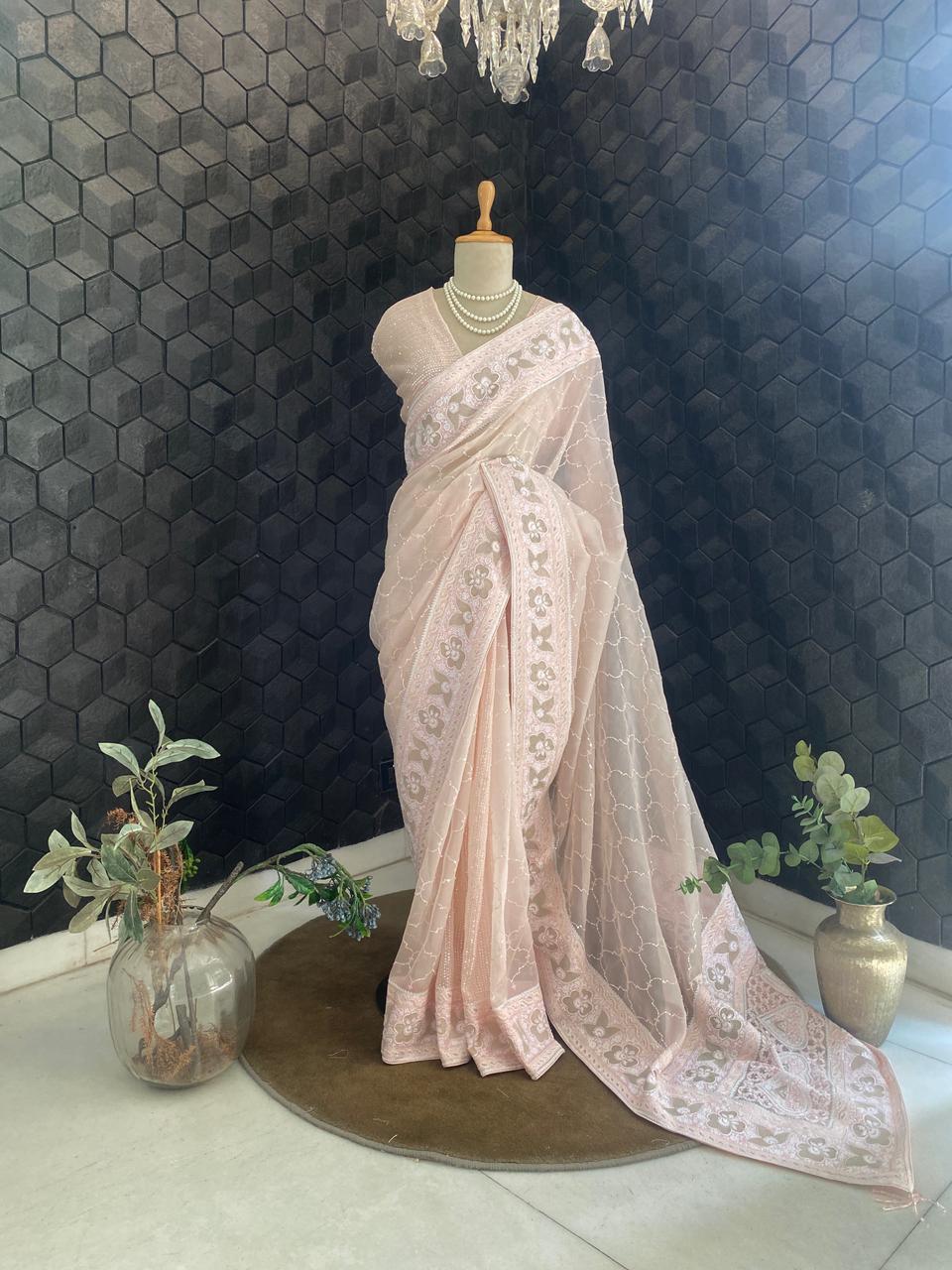 Pink Organza Chikankari Saree